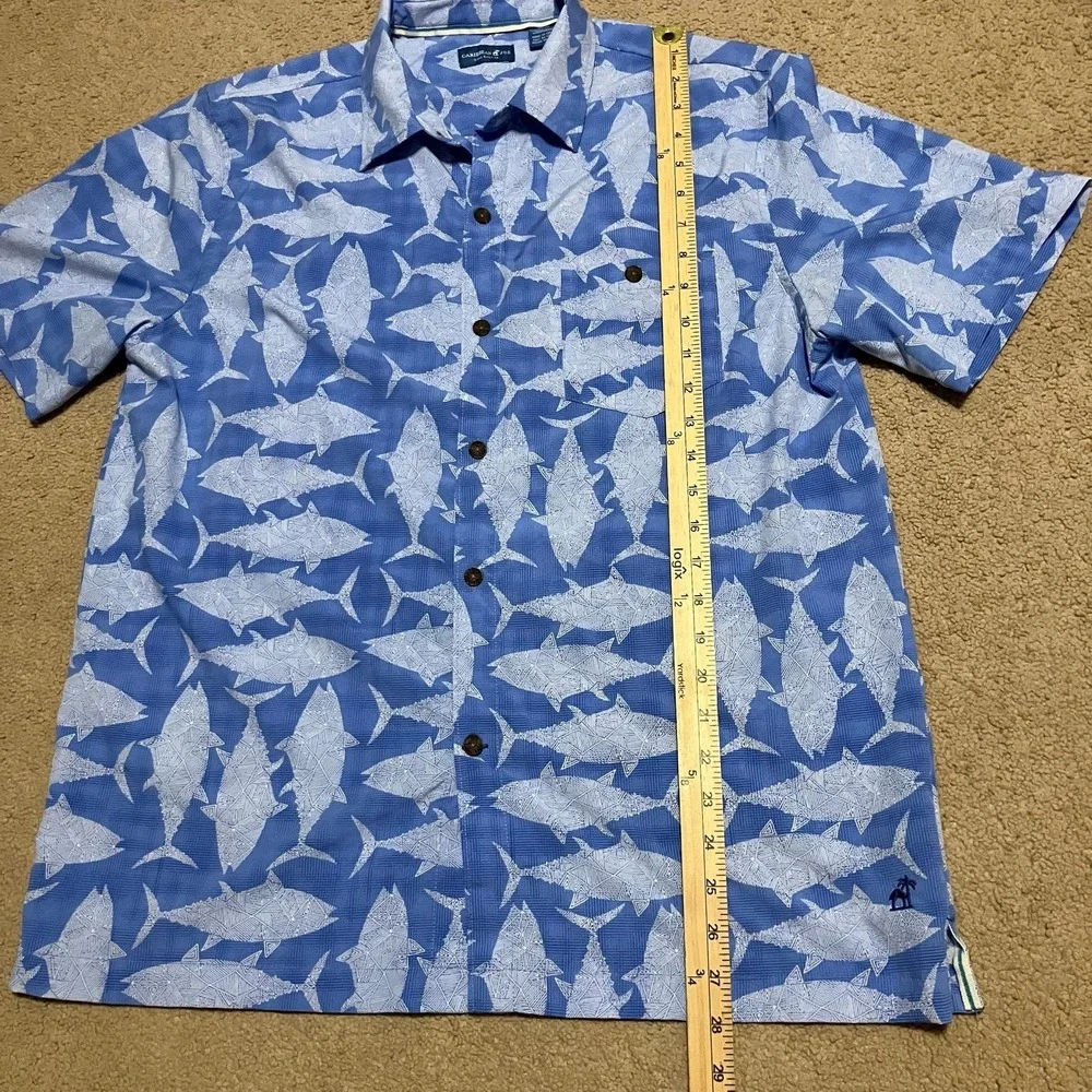 Caribbean Joe Hawaiian Shirt Men's Medium All Over Print Fish Stretch Tropical